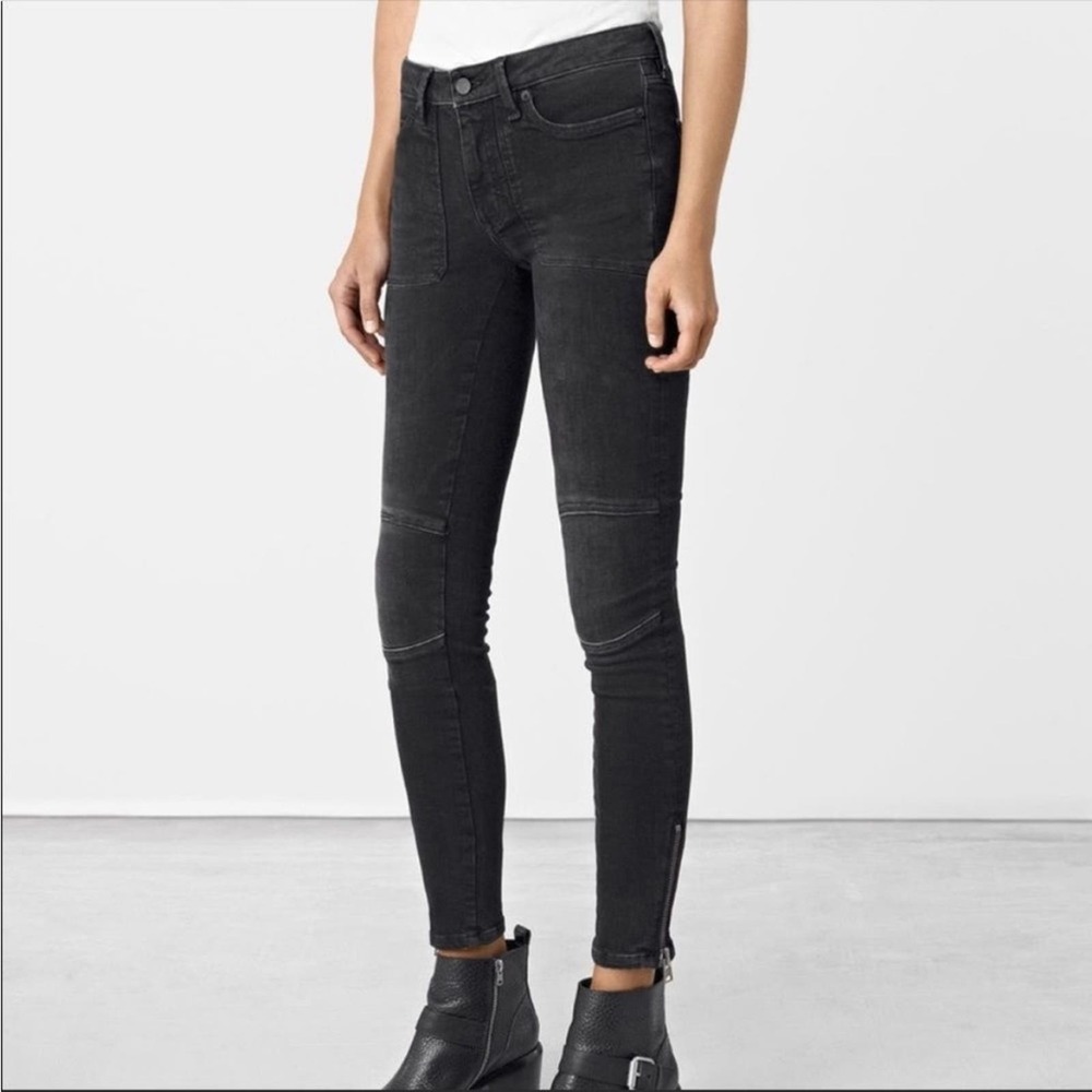 All Saints Biker Skinny Moto Jeans in Washed Black Women's 25